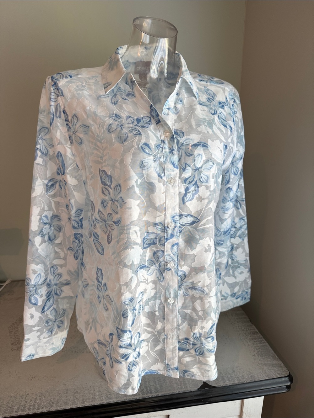 Chico's White and Blue Floral Button-Down Shirt